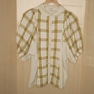 Davi & Dani Tan Textured Patchwork Statement Sleeve Button Down Large